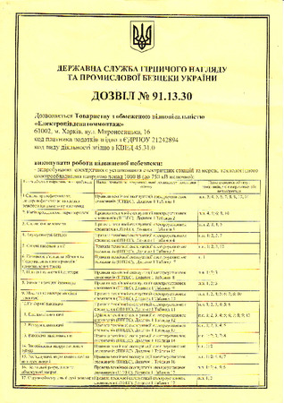Hazardous work order authorization № 91.13.30:Testing electrical equipment at power plants and networks, testing fabrication systems with voltage higher than 1000 V (up to 750 kV inclusive)